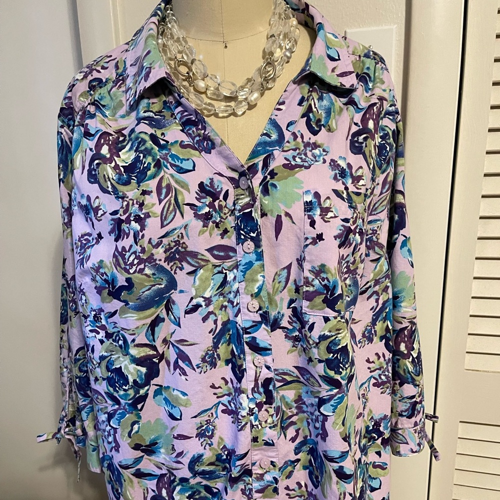 ERIKA Button-down Lavender Floral 3/4 Sleeve Tie Floral Shirt 1XL